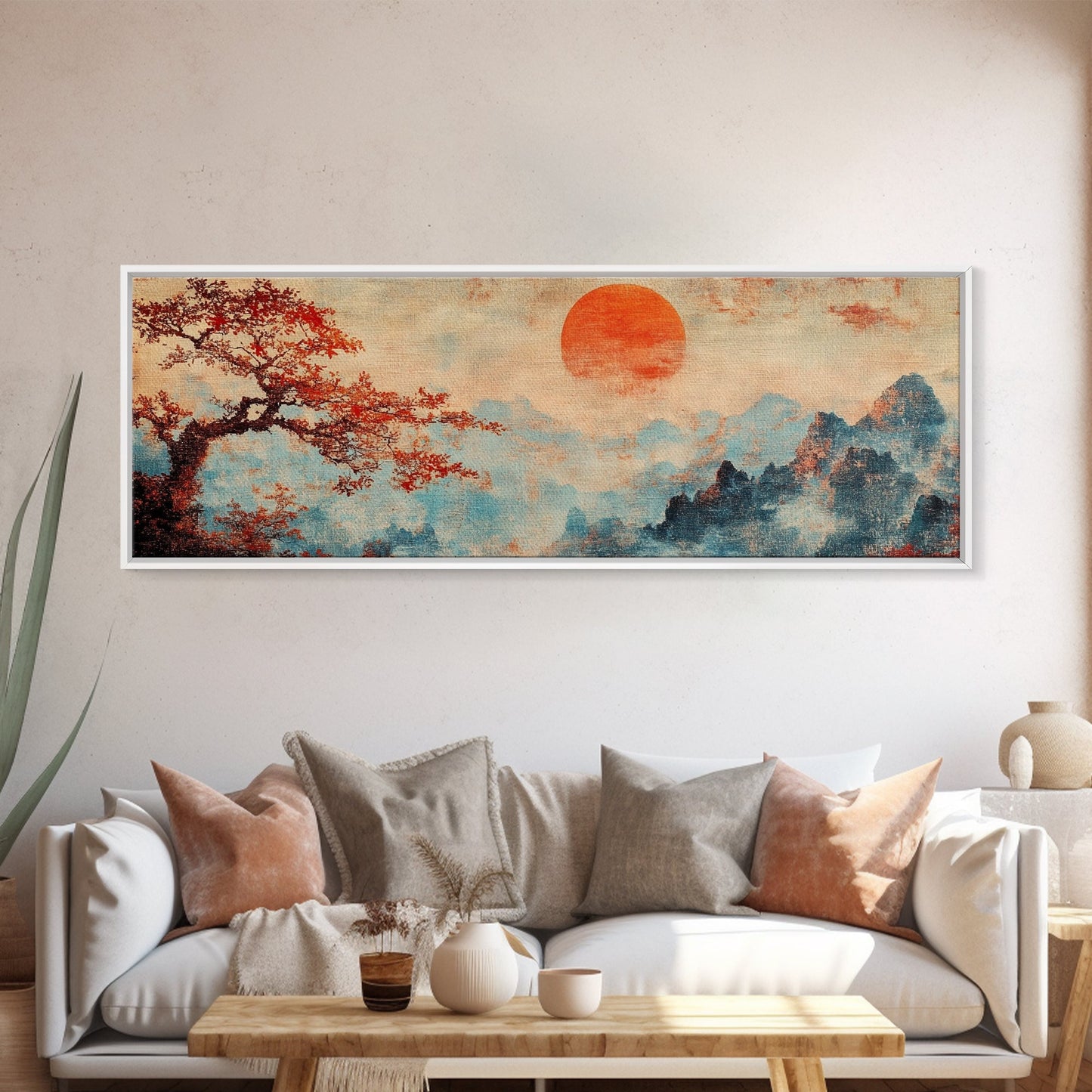 Japanese Maple Tree at Sunset, Vintage Japanese Inspired Woodblock Print Canvas Art, Retro Japanese Art