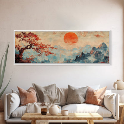 Japanese Maple Tree at Sunset, Vintage Japanese Inspired Woodblock Print Canvas Art, Retro Japanese Art