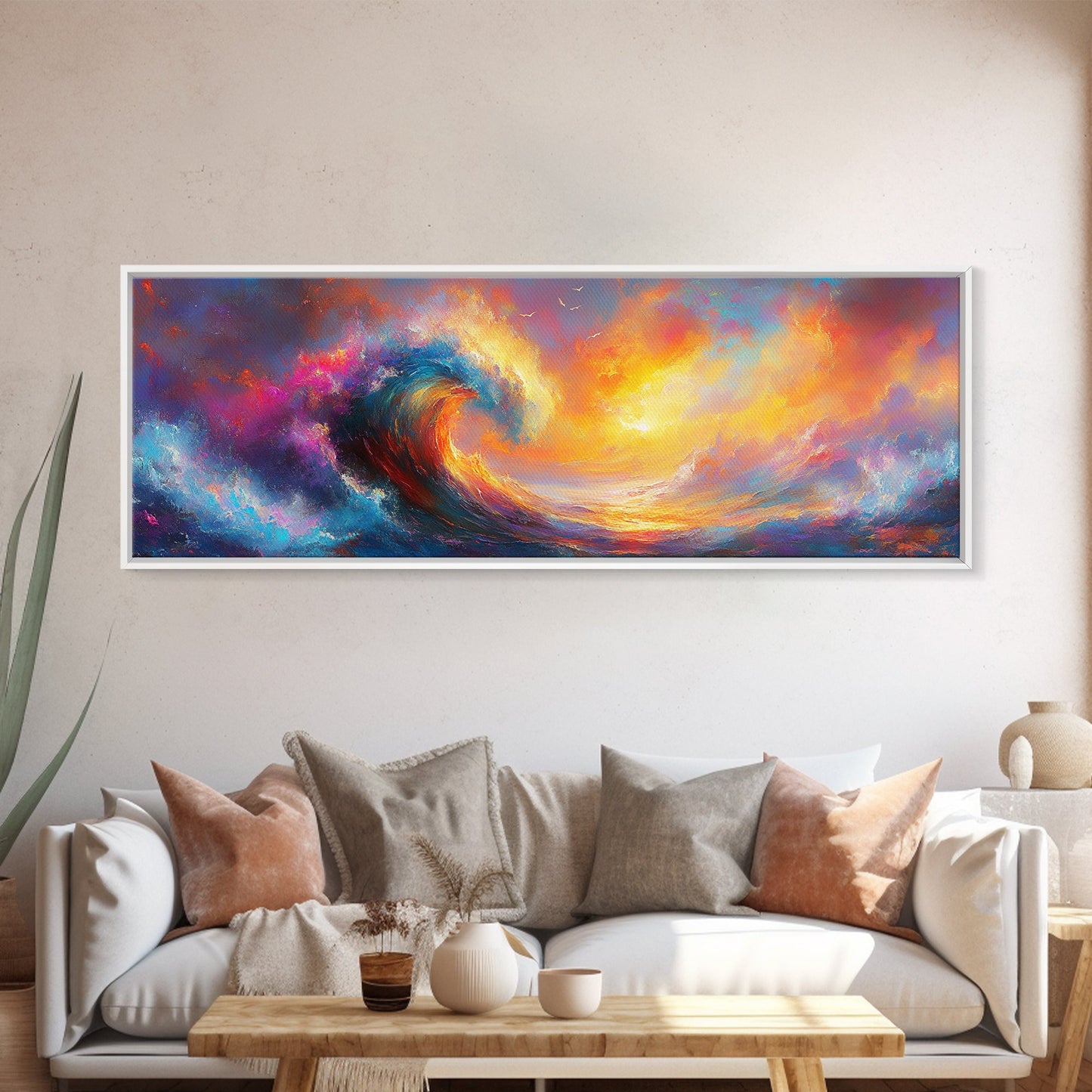 Oil Painting Print of Rainbow Ocean Waves, Retro Farmhouse Beach House Decor, Panoramic Extra Wide Wall Art