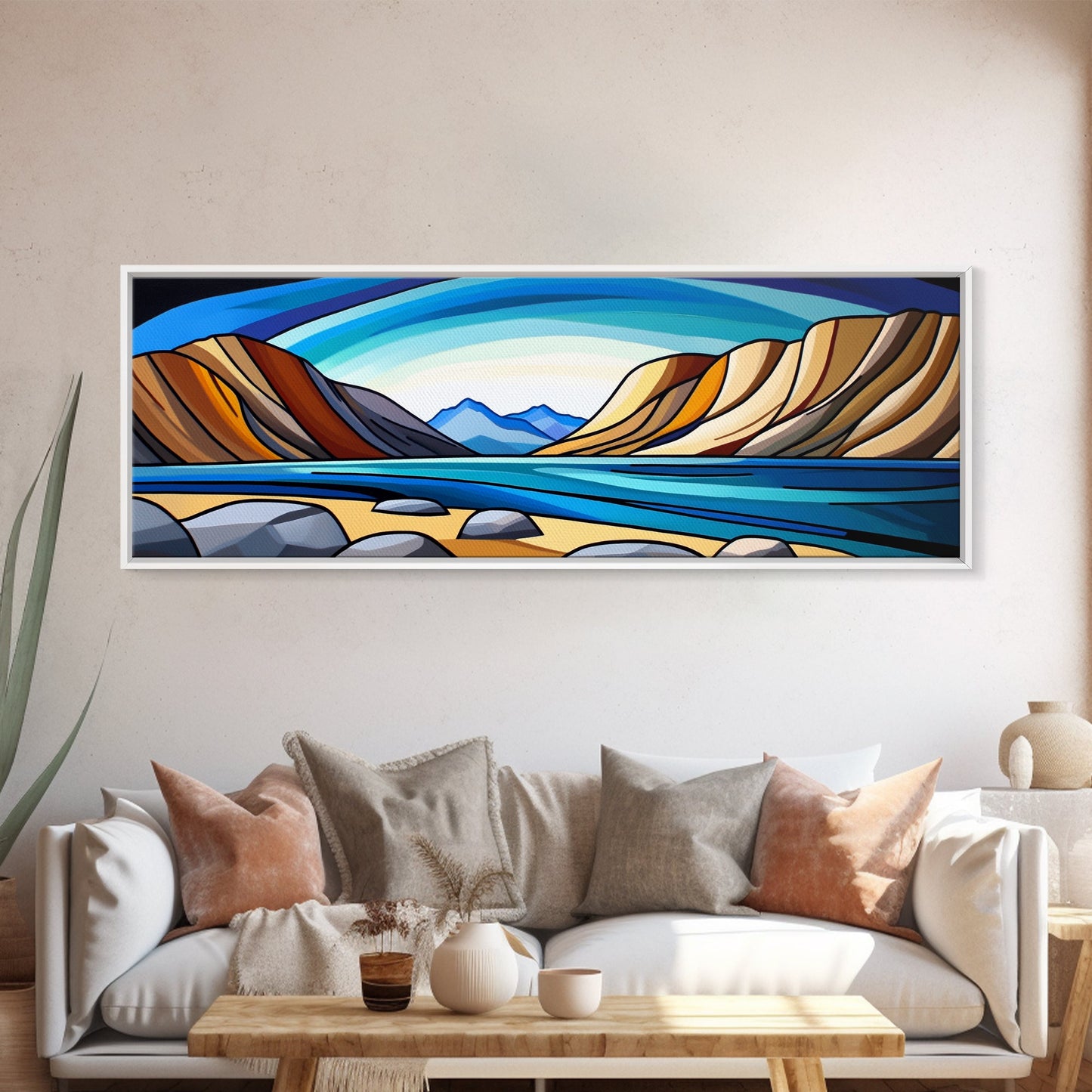 Retro Art Deco Landscape Print, Stained Glass Style Landscape Painting, Wood Framed Wall Art, Horizontal Art, Ultra Wide Panoramic Art