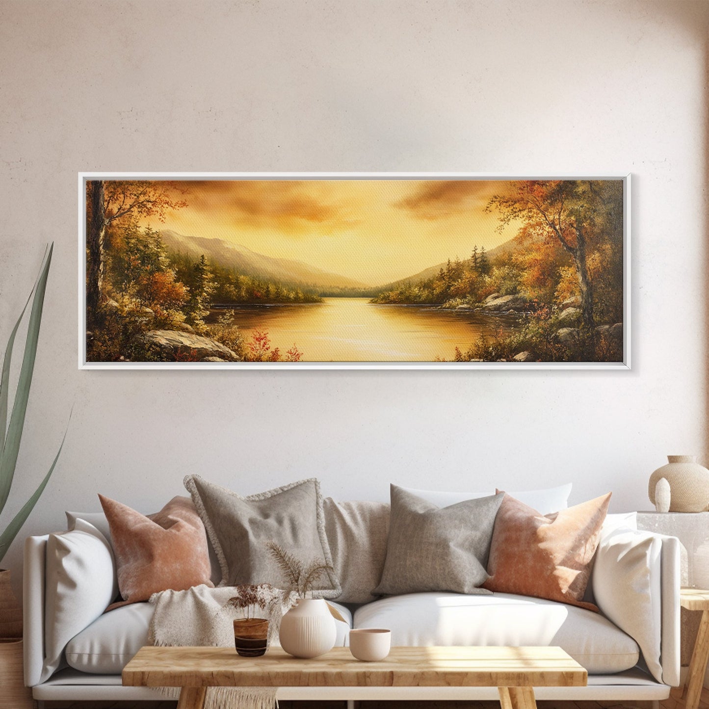 Sunset Over The Lake, Framed Canvas Print, Ultra Wide Wall Art, Panoramic Painting, Above Sofa Or Bed Wall Art, Home Decor, Calm Wall Art