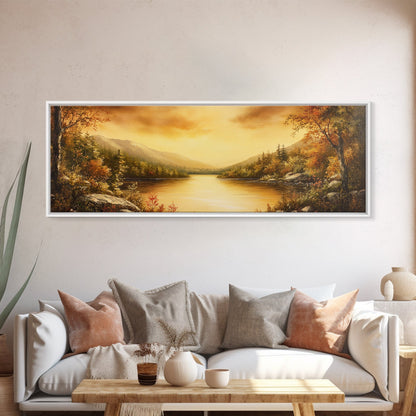Sunset Over The Lake, Framed Canvas Print, Ultra Wide Wall Art, Panoramic Painting, Above Sofa Or Bed Wall Art, Home Decor, Calm Wall Art