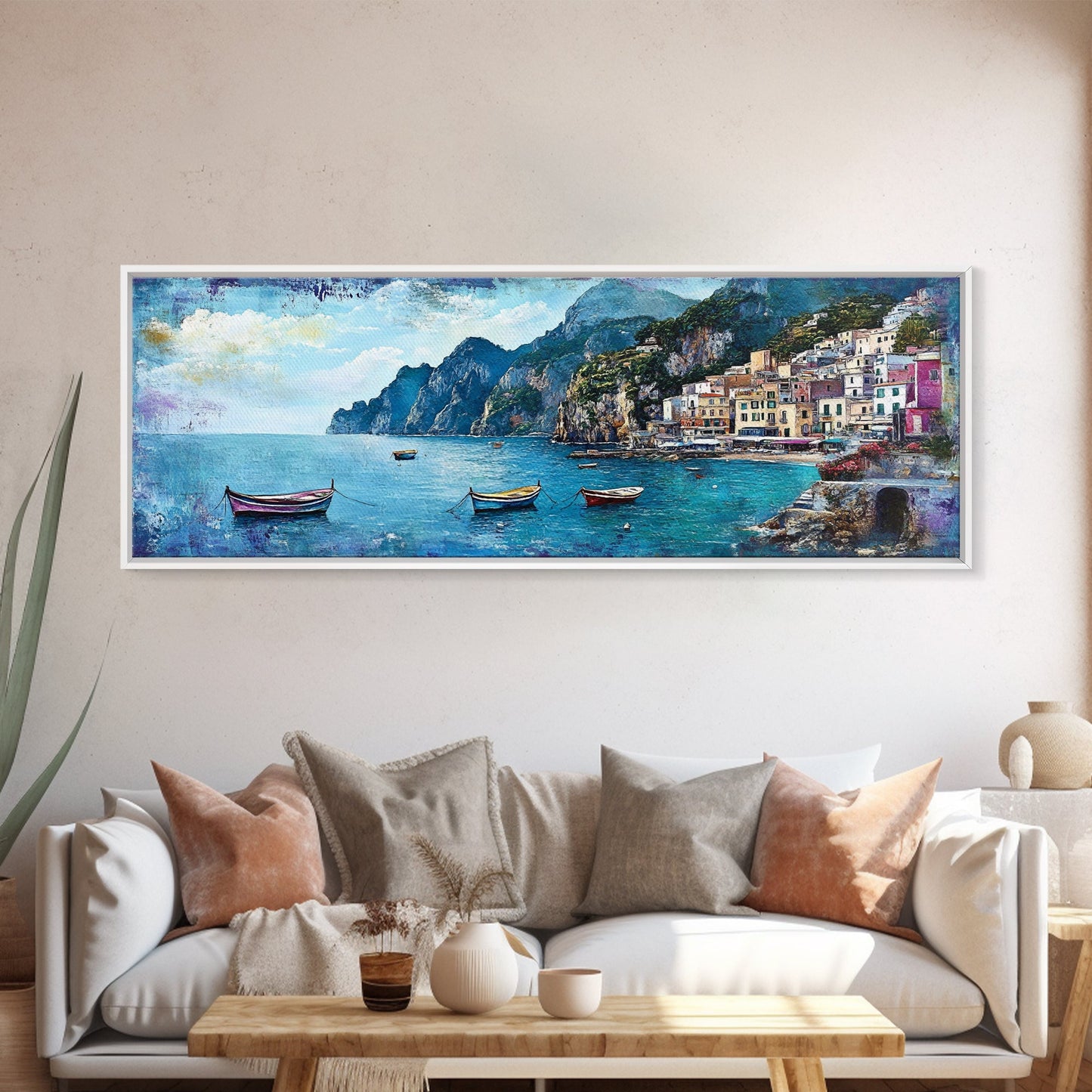 Italian Seaside, Framed Canvas Print, Italy In The Summer, Original Artwork Oil Painting Print, Gift Idea, Horizontal Wood Framed Panoramic Art