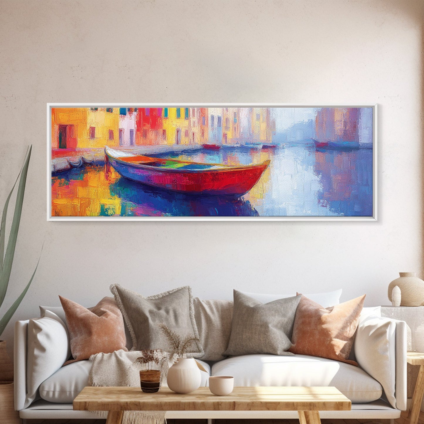 Abstract Painting Of a Canoe, Framed Canvas Print, Vienna Italy Wall Art, Colorful Pop Art, Retro Boho Style Home Decor