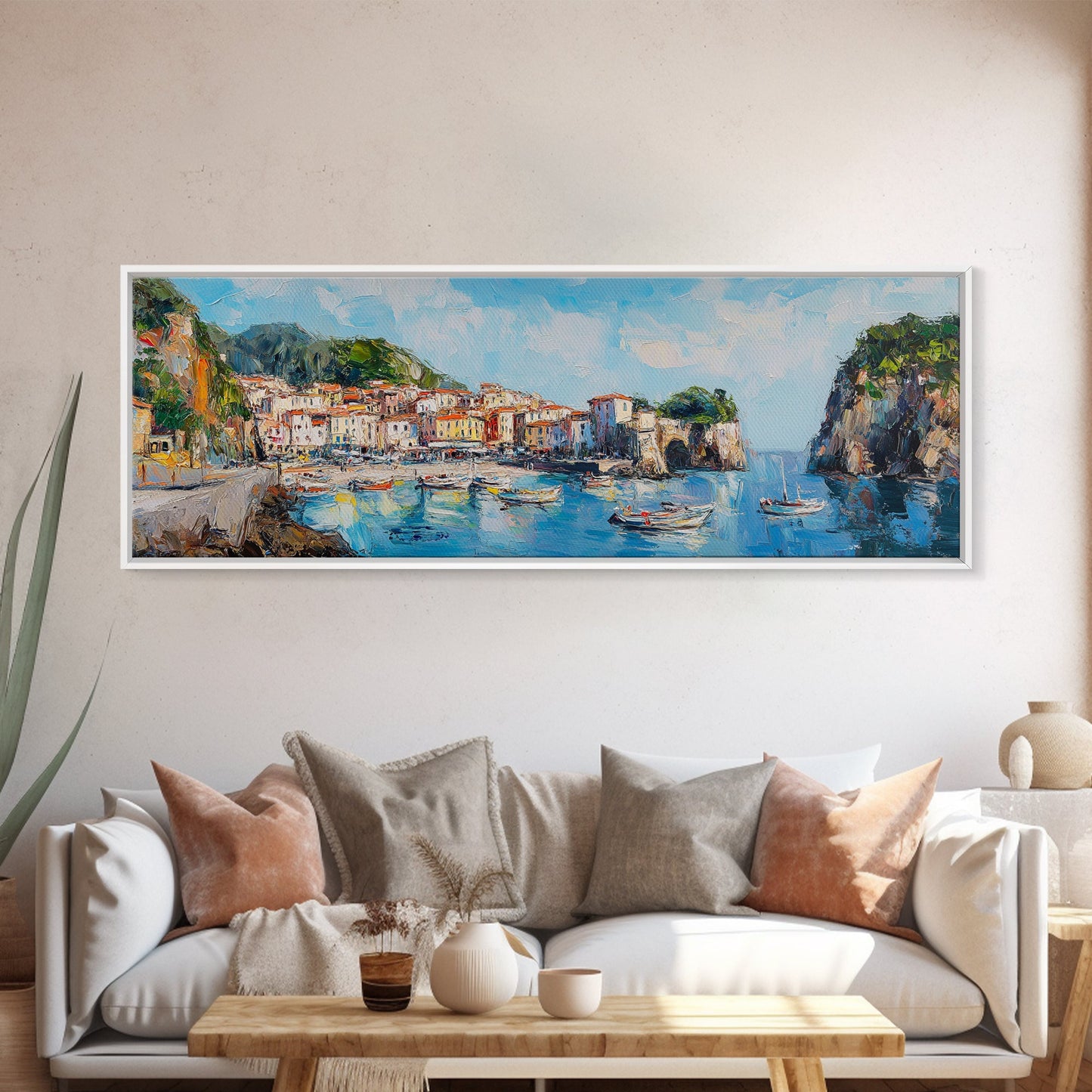 Muted Italian Fishing Village Painting Print, Boho Wall Art, Minimalist Style Panoramic Painting, Extra Large Oversized Wall Art, Home Decor / Gift Idea