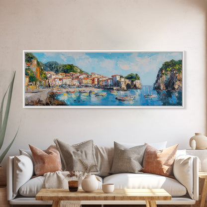 Muted Italian Fishing Village Painting Print, Boho Wall Art, Minimalist Style Panoramic Painting, Extra Large Oversized Wall Art, Home Decor / Gift Idea