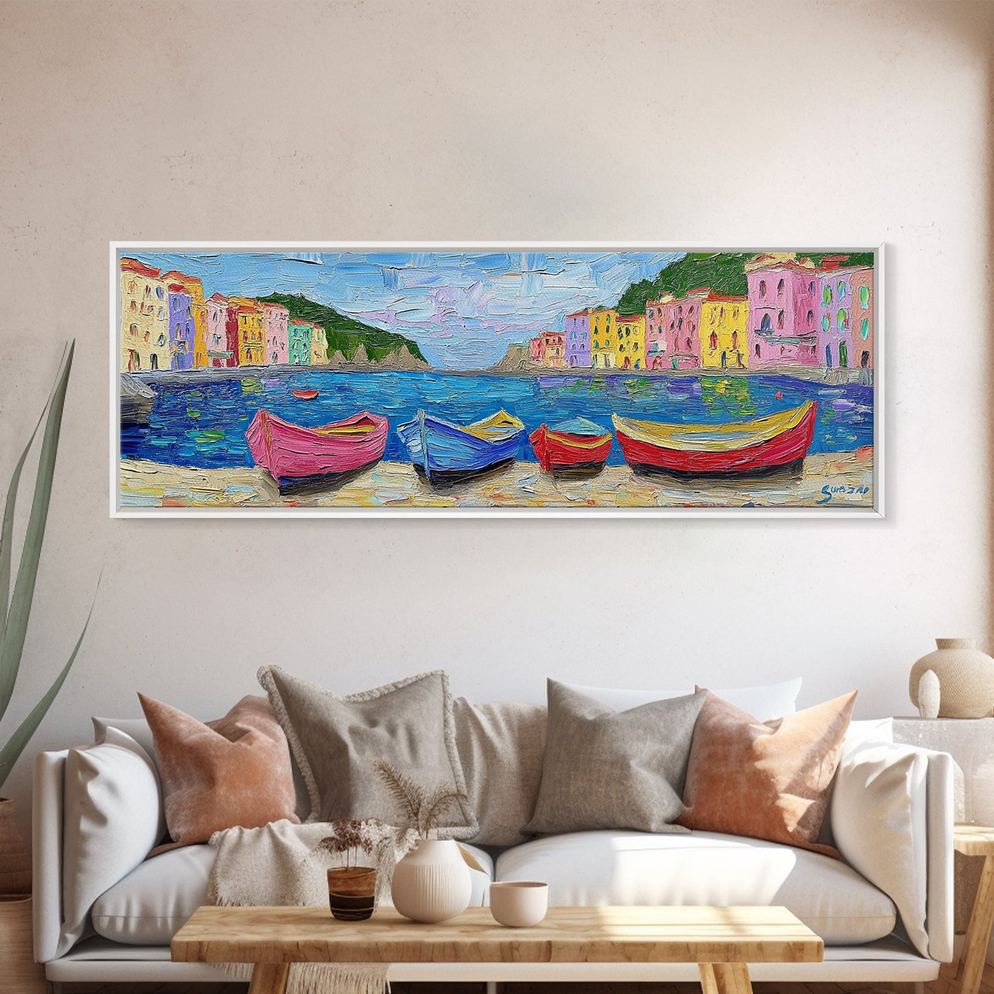 Pastel Row Boats in an Italian Fishing Village, Framed Canvas Print, Original Artwork, Retro Italy Painting, Impasto Style Print