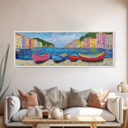 Pastel Row Boats in an Italian Fishing Village, Framed Canvas Print, Original Artwork, Retro Italy Painting, Impasto Style Print