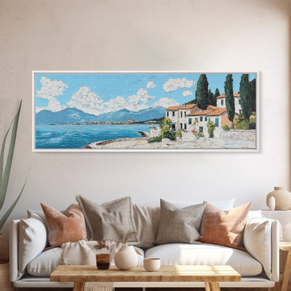 Impressionist Painting of an Italian Seaside Villa, Framed Canvas Print, Italy Village Decor, Ulta Wide Panoramic Landscape Painting