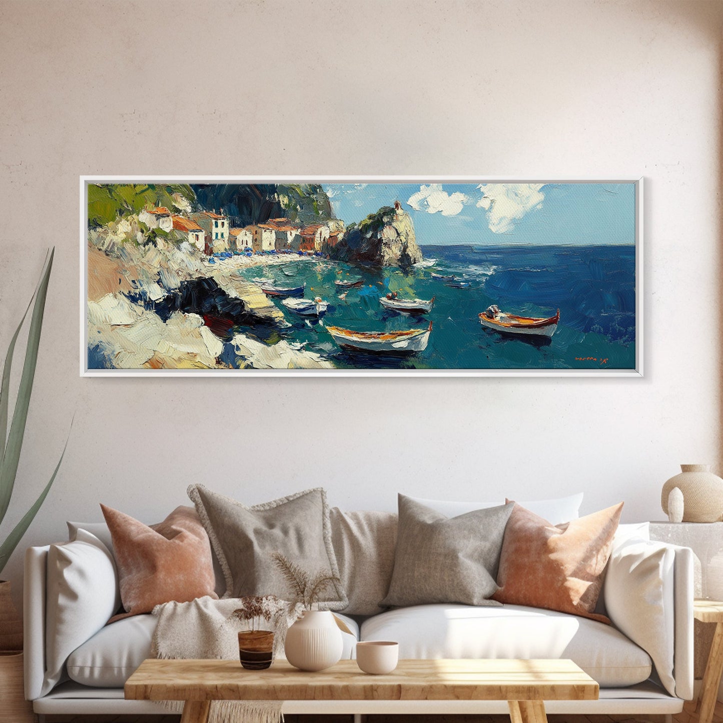 Italian Fishing Village, Vintage Style Canvas Print, Wood Framed Panoramic Wall Art, Italy Vacation Gift, Travel Gift Idea, Impressonist Seascape