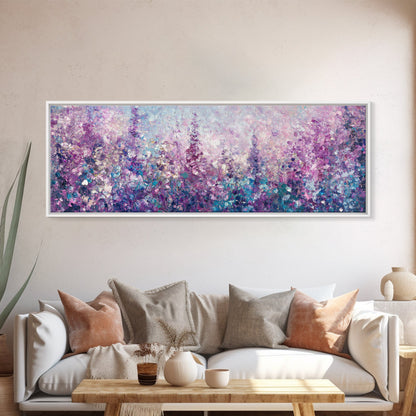 Purple Flower Painting, Lavender and Lilacs, Framed Canvas Print, Boho Style Panoramic Painting Wall Art, Purple and Blue Flowers