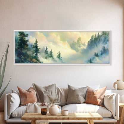 Fog In The Mountains - Framed Canvas Print - Panoramic North Carolina Painting - Blue Ridge Mountains - Original Painting Home Decor - Moody Art