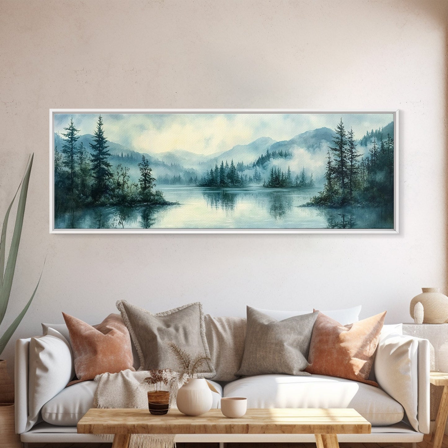 Fog Over The Lake Panoramic Painting Print - Rustic Decor - Panoramic Ultra Wide Wall Art For Above Bed or Sofa - Moody Decor