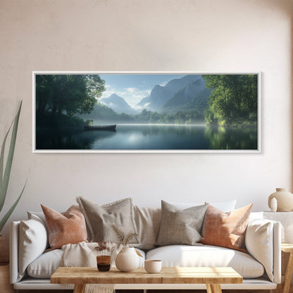 Canoe On The Lake, Framed Canvas Print, Moody Landscape Painting, Realism, Original Artwork, Rustic Lakehouse Decor, Oversized Wall Art