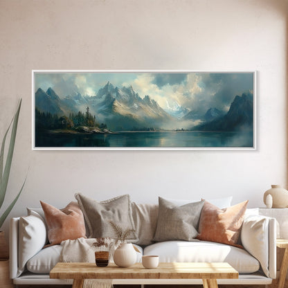Moody Landscape Painting Print, Overcast Stormy Day In The Mountains, Thought Provoking Wall Art, Oversized Panoramic Ultra Wide Art