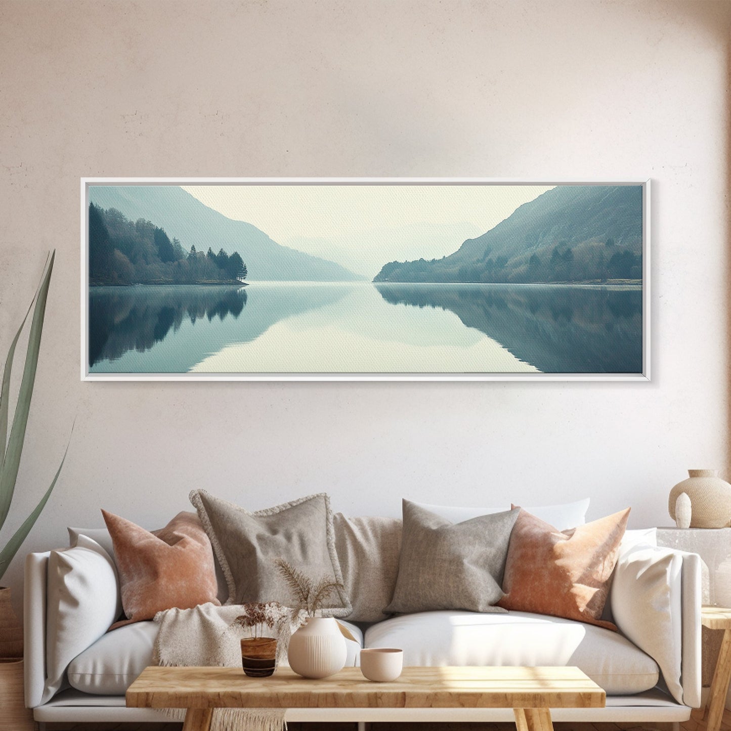 Reflections on an Overcast Day, Framed Canvas Print, Moody Decor, Foggy Landscape Painting, Panoramic Wall Art