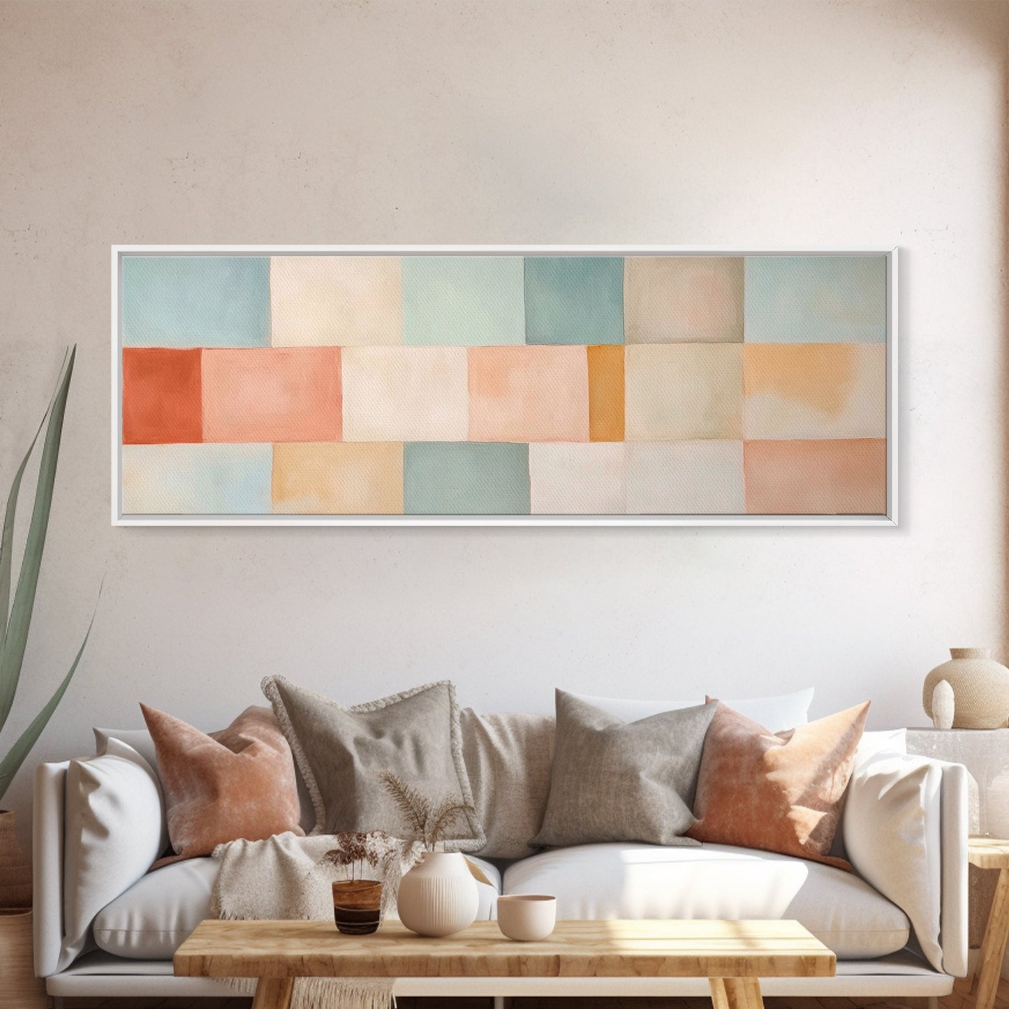 Midcentury Modern Style Abstract Square, Framed Canvas Print, MCM Modern Wall Art, Pastel Colors, Large Horizontal Wall Art Print