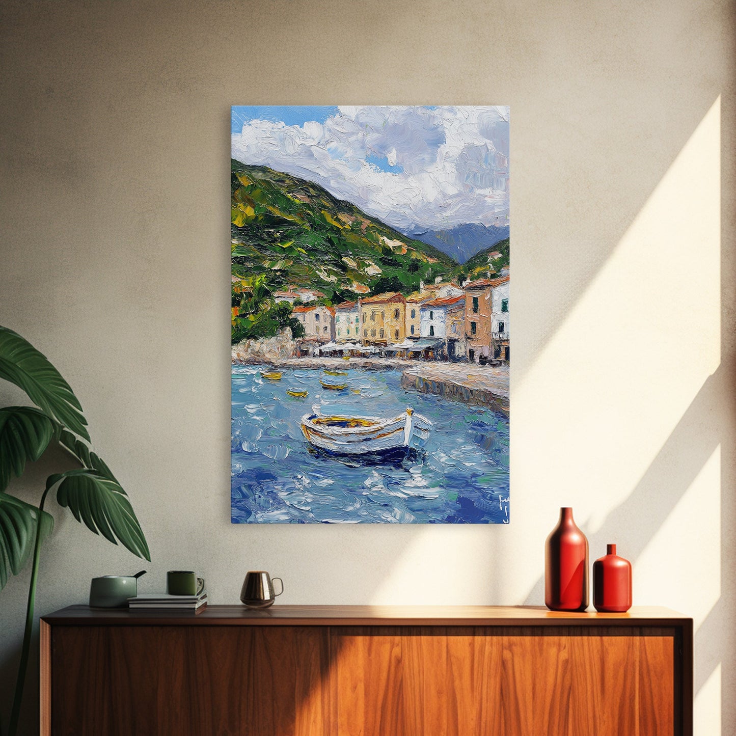 Modern Art Canvas Print - Italian Fishing Village - Italy Oil Painting - Neutral Wall Art - Seascape Painting - Impasto Style Print - Boho