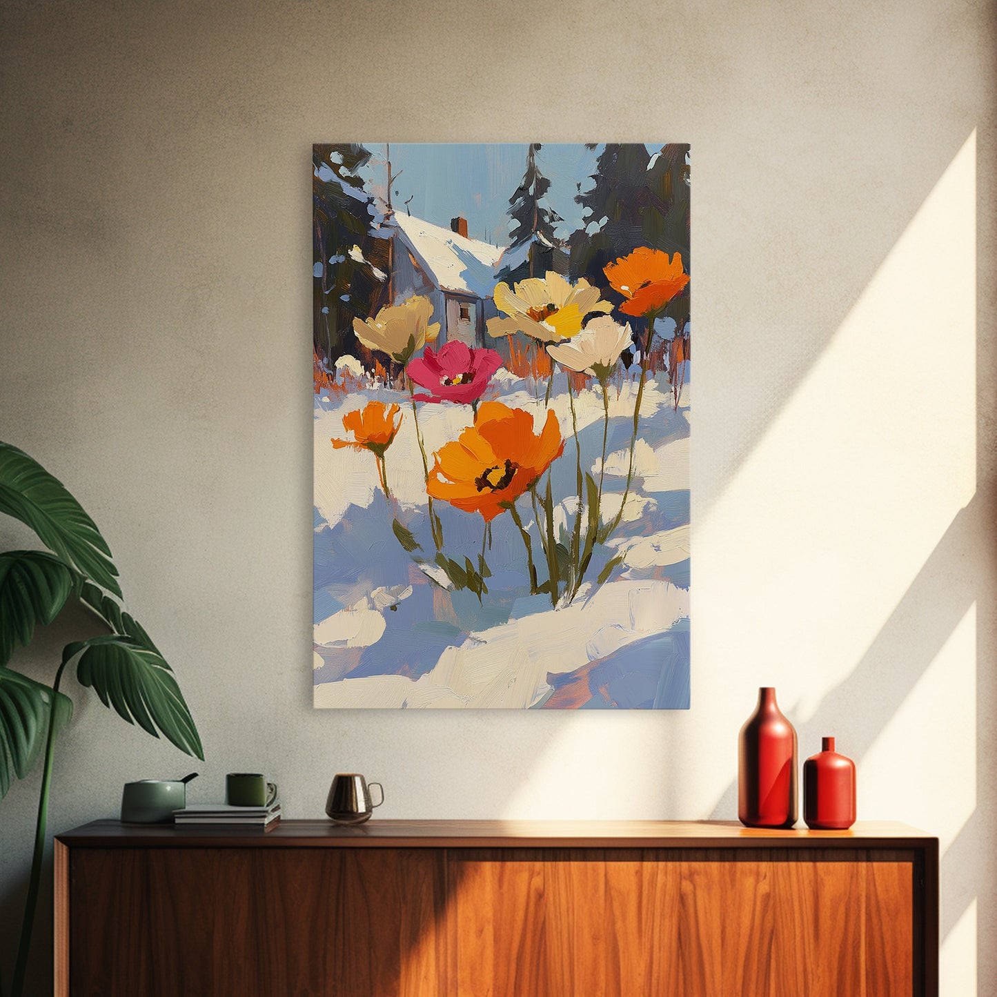 Wild Flowers In The Snow, Framed Canvas Print, Original Floral Painting Print, Modern Wall Art, Modern Custom Art, Winter Art