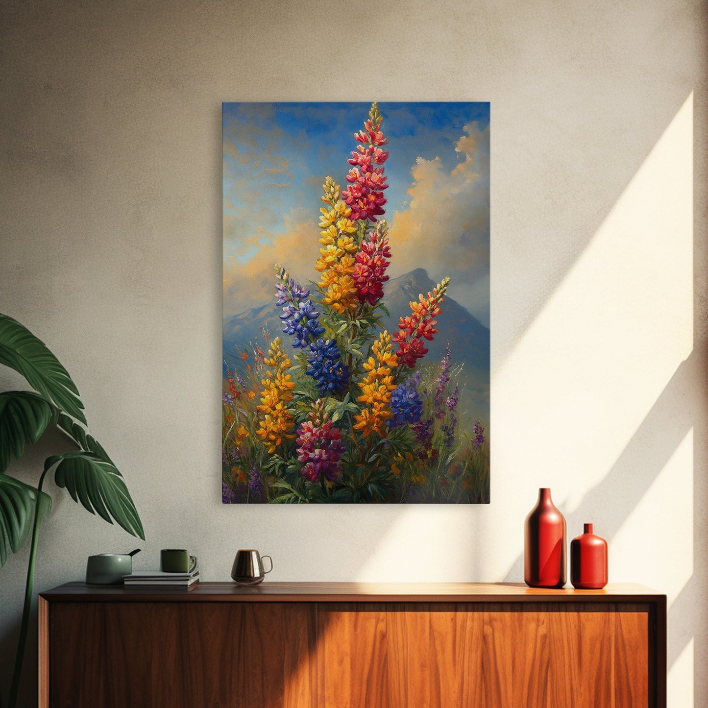 Vintage Style Canvas Print Oil Painting of Wild Flowers On A Mountain Landscape, Framed Canvas, Antique Style Wall Art, Painting of Flowers