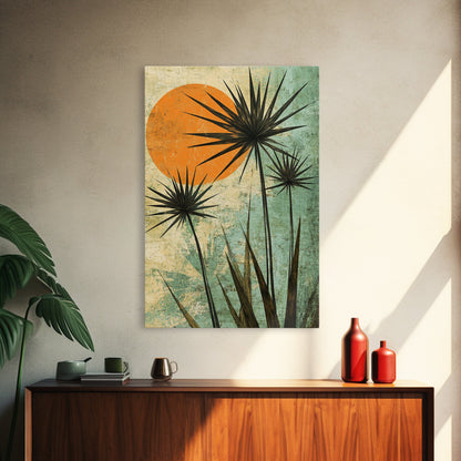Abstract Palm Trees at Sunset, Framed Canvas Print, MCM Style Wall Art