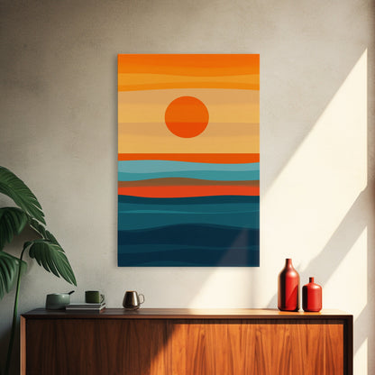 Sunset Over The Ocean Minimalist Print, Vertical Sea Sun Framed Canvas, Waves Line Art, Blue and Orange Sunset Beach House Painting