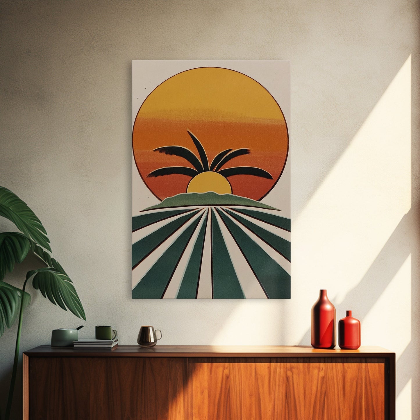 Palm Tree Sunset, Wood Framed Wall Art, Canvas Print, Boho Home Decor, Retro Style Modern Art