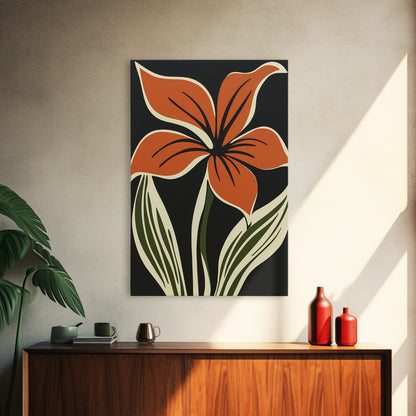 Orange Flower on Black Background, MCM Style Art, Framed Canvas Print