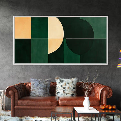 Extra Large Horizontal Emerald Green Geometric Mid Century Modern Wall Art, Framed Canvas Print