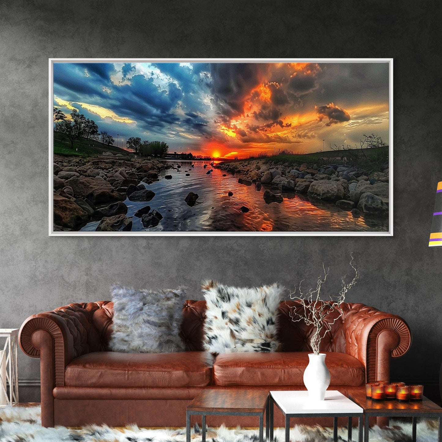 Sunset Over A Rocky River, Framed Canvas Print, Landscape Photography Style Wall Art, Beautiful Home Decor