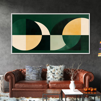 Extra Large Horizontal Emerald Green Geometric Mid Century Modern Wall Art, Framed Canvas Print, Oversized Art