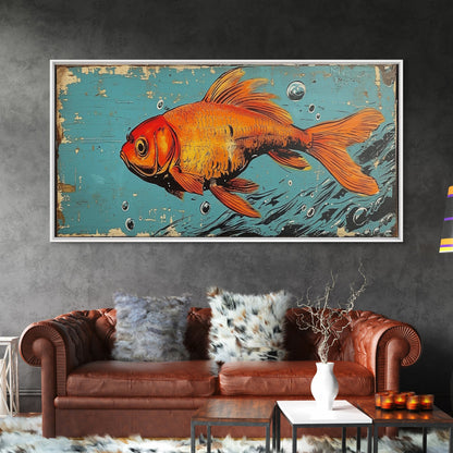 Retro 80s Style Painting of a Gold Fish, Framed Canvas Print, Home Decor Gift Artwork, Fish Painting, Fish Art