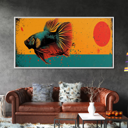 Retro 80s Style Painting of a Betta Fish, Framed Canvas Print, Home Decor Gift Artwork, Fish Painting, Betta Fish Art