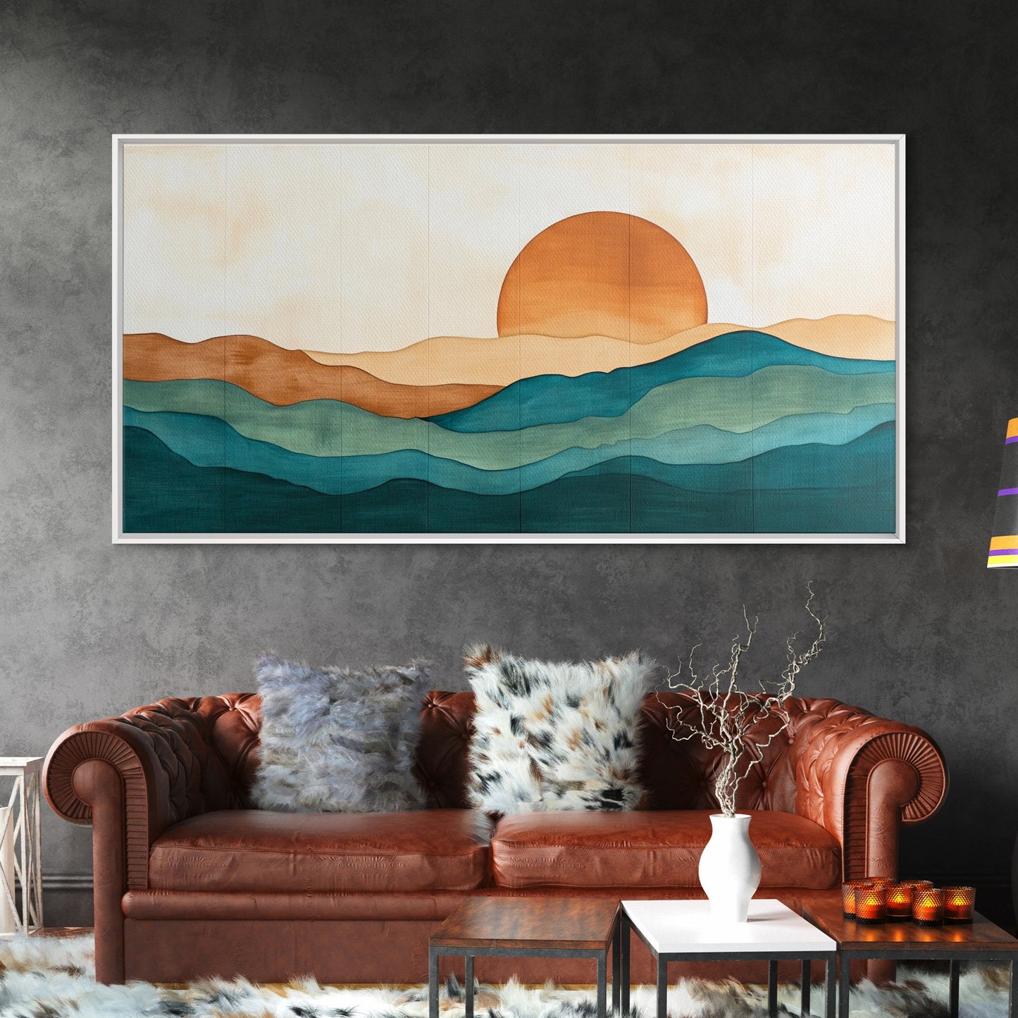 Kitsch Sunset Landscape Painting Print, Boho Wall Decor, Minimalist Wall Art, Eclectic Gift Idea, Kitsch Living Room Decor