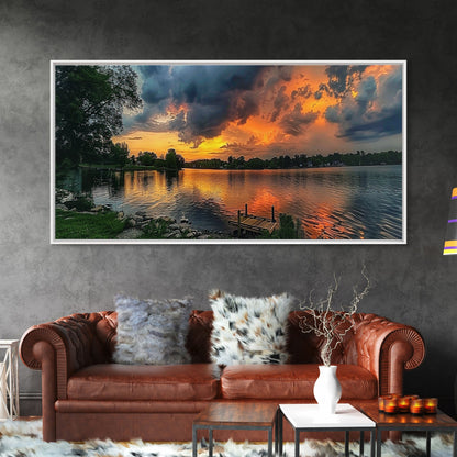 Sunset On The Lake Framed Canvas Print, Lakehouse Decor, Rustic Modern Farmhouse Wall Art, Photography Style Landscape Art