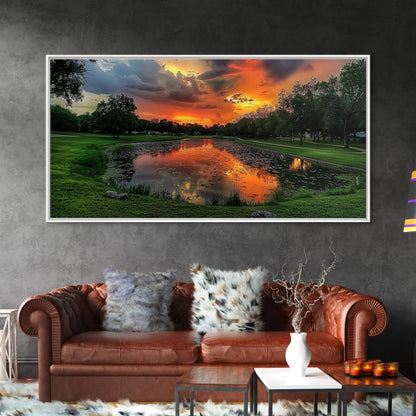Sunset Over The Golf Course, Framed Canvas Print, Photography Style Wall Art, Beautiful Home Decor, Rustic Farmhouse Decor