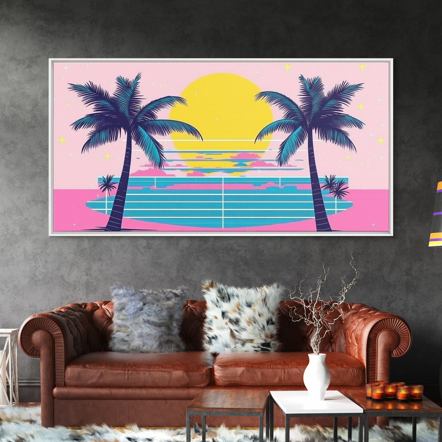 Retro Synthwave Wall Art, Outrun Home Decor Framed Canvas Print, Two Palm Trees and a Sunset