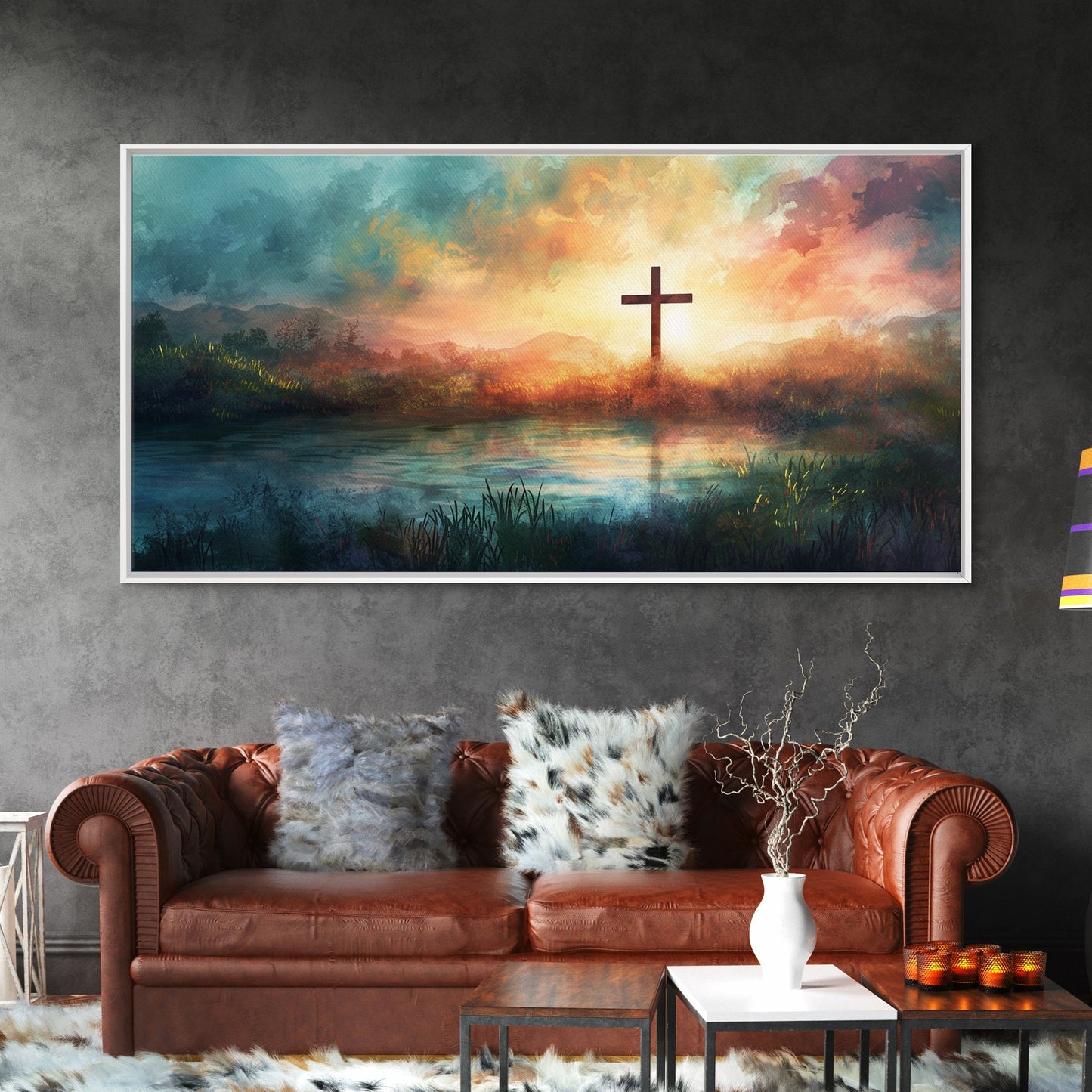 Christian Wall Art Landscape Painting Canvas Print, Beautiful Cross and Sunset, Christianity Home Decor