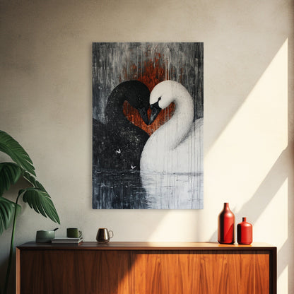 Two Swans in Love, Framed Canvas Print, Goth Decor, Wedding Gift Idea, Engagement Gift, Gift For Couples, Swan Painting, Swan Art