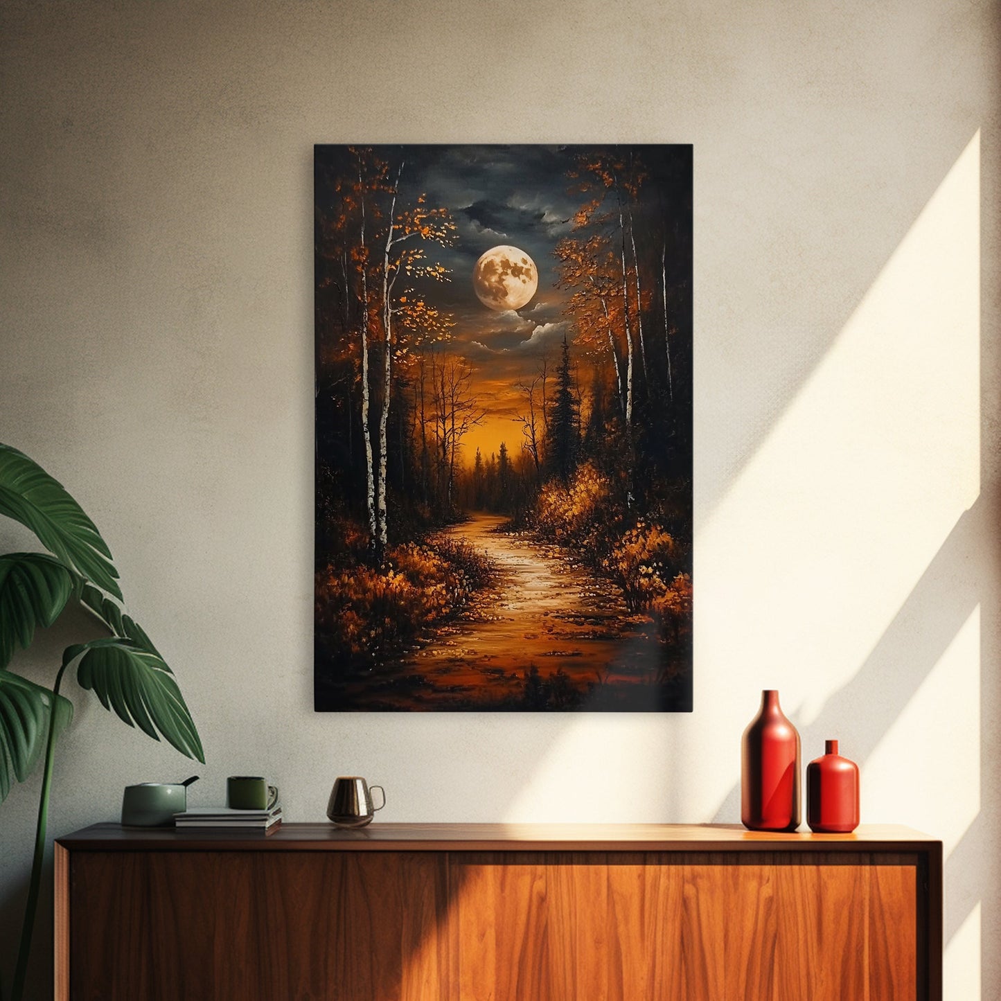 Full Moon Over The Haunted Forest, Framed Canvas Print, Wood Framed Wall Art, Dark Academia Witchy Decor, Moody Home Decor