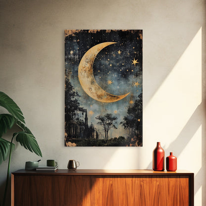 Mystical Moon Painting Print, Folk Art Canvas Print, Eerie Atmospheric Wall Art, Subdued and Moody Home Decor, Crescent Moon Painting