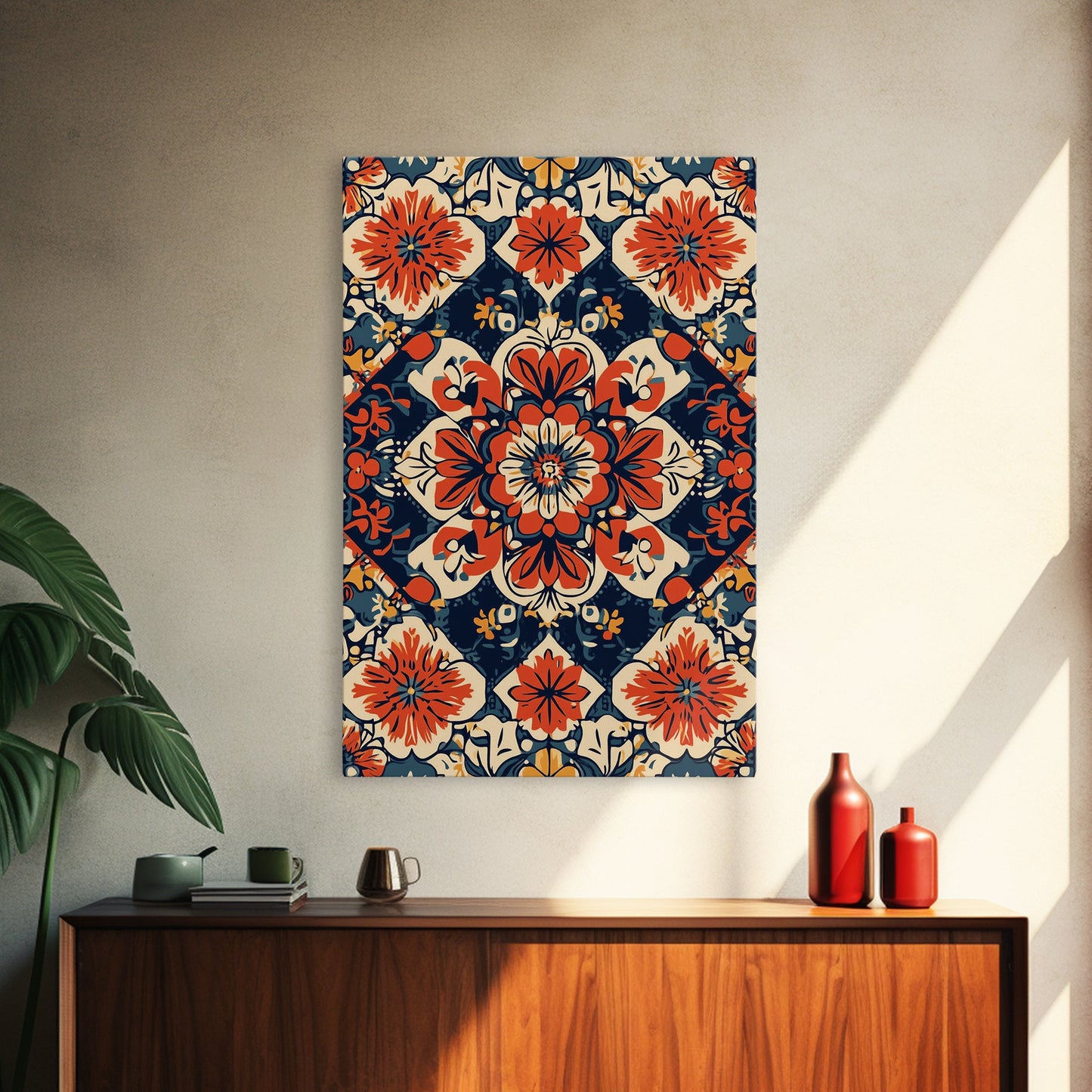 Floral Pattern Wall Art, Mexican Tile Pattern Framed Canvas Print, Chicano Art, Textile Inspired Wall Art, Southwestern Pueblo Style Art