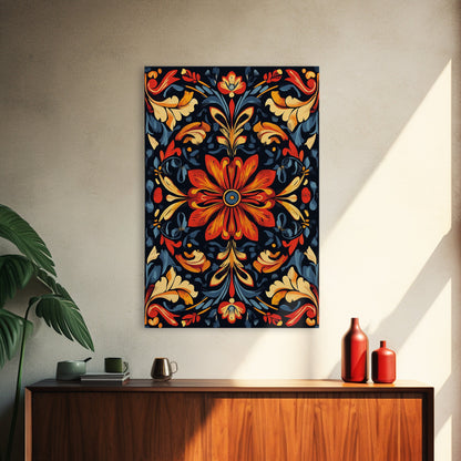 Botanical Floral Tile Pattern Framed Canvas Print, Southwestern Decor, Modern Farmhouse, Pueblo Style Art, Mexicano Chicano Art