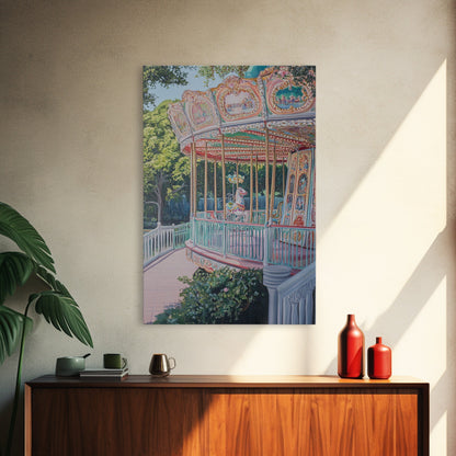 Nursery Decor Framed Canvas Print, Wall Decor for Girl's Room, Carrousel Oil Painting, Oil Painting of a Carrousel