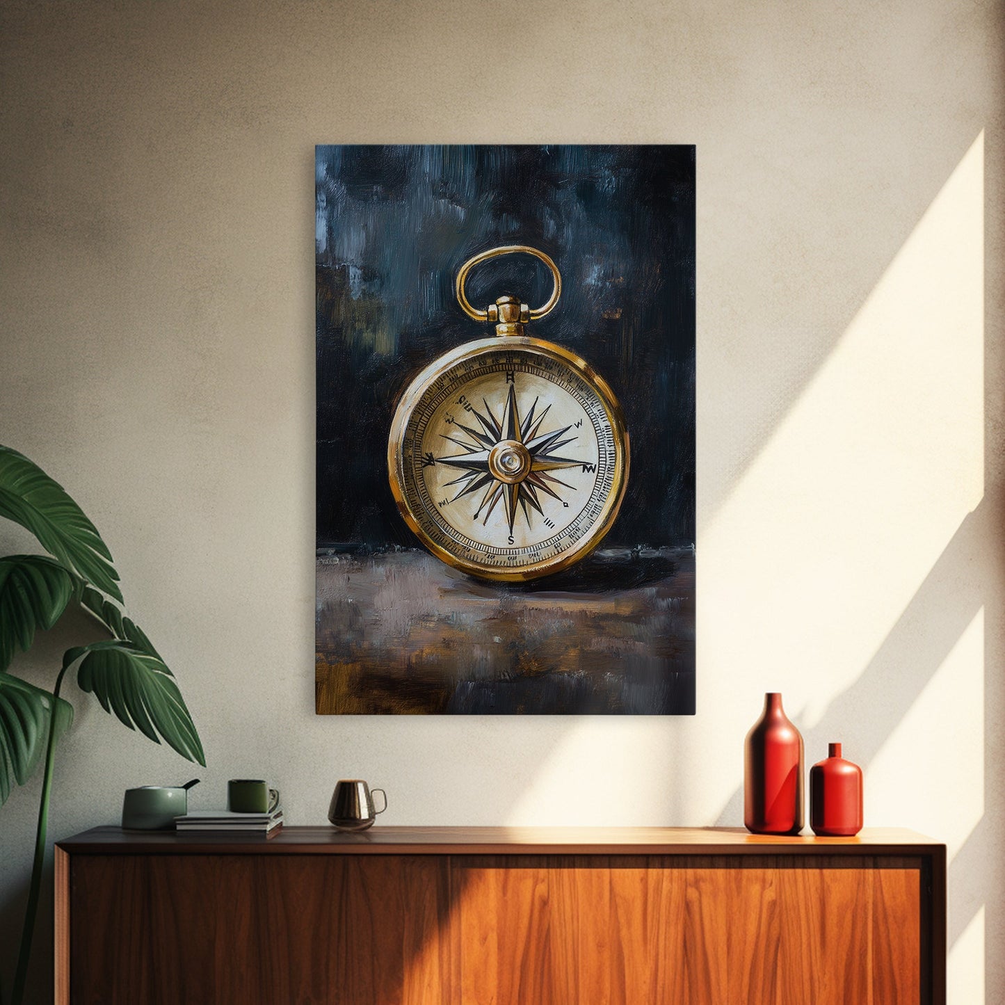 Weathered Compass Wall Art, Nautical Coastal Home Decor Wall Art Framed Canvas Print, Rustic Seaside Accent Piece, Statement Piece, Rustic Decor