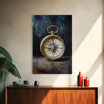 Weathered Compass Wall Art, Nautical Coastal Home Decor Wall Art Framed Canvas Print, Rustic Seaside Accent Piece, Statement Piece, Rustic Decor
