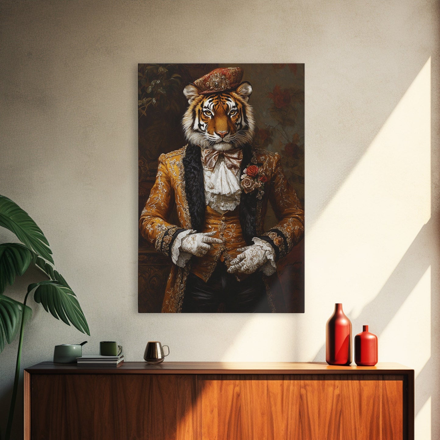 The Dapper Tiger Gentleman Portrait Framed Canvas Print, Whimsical Home Decor, Eclectic Decor, Kitsch Wall Art, Preppy Wall Art, Glam Decor