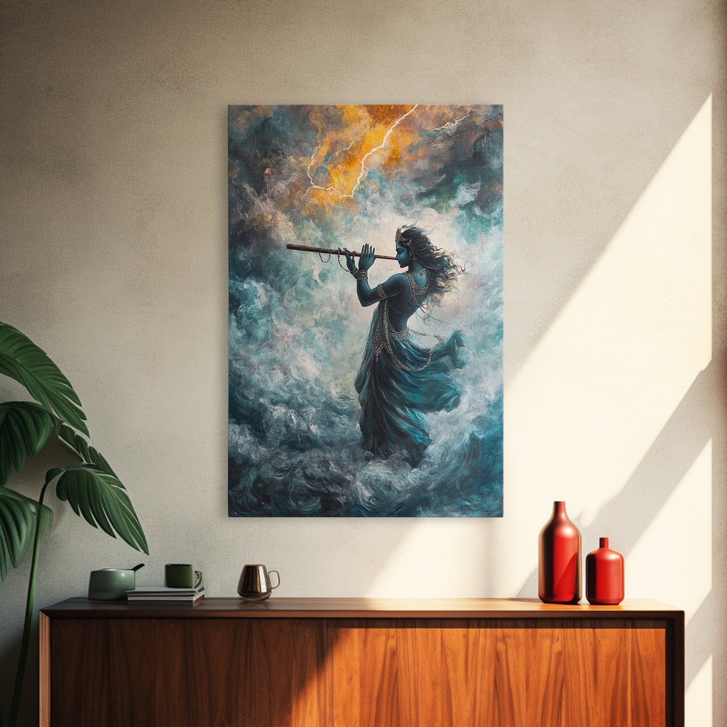 Hindu Art, Radha Krishna Playing Flute Painting Print, Hinduism Wall Art Wood Framed Canvas Print