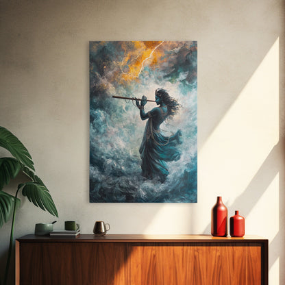 Hindu Art, Radha Krishna Playing Flute Painting Print, Hinduism Wall Art Wood Framed Canvas Print