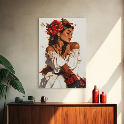 Mexican Floral Latina Portrait Canvas Print, Romatic Mariachi Wall Decor, Southwestern Modern Art, Rustic Mexicano Wall Art, Chicano Painting